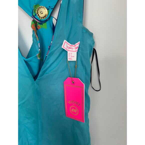 Versace H&M Dress Womens 8 Blue Multicolor Floral Print Pleated Mini - Picture 5 of 7